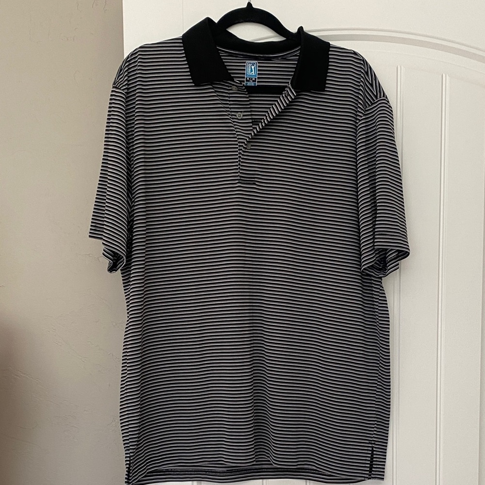 PGA Tour Black and Gray Striped Polo Shirt